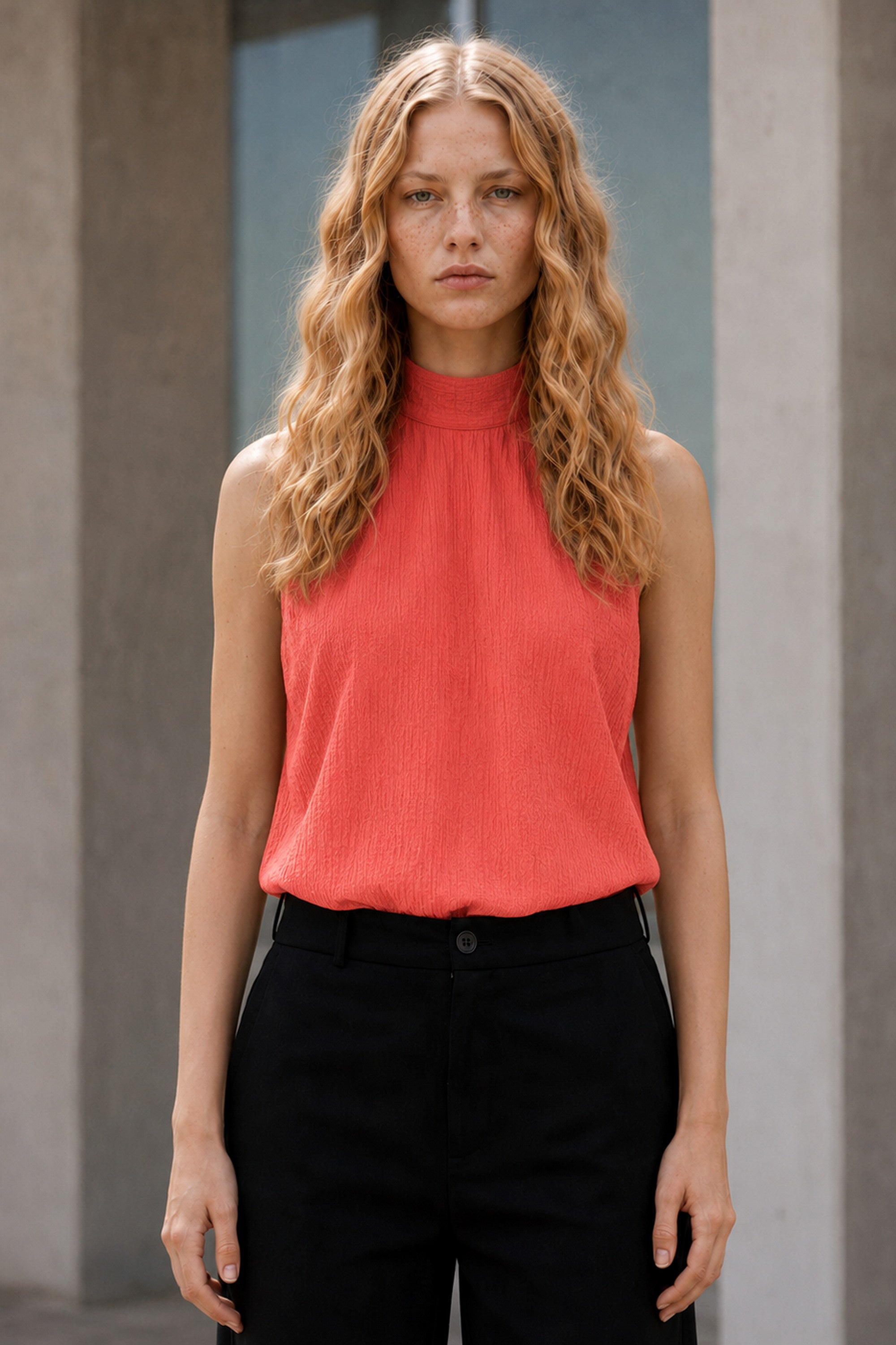 Blusa halter bambula seda coral