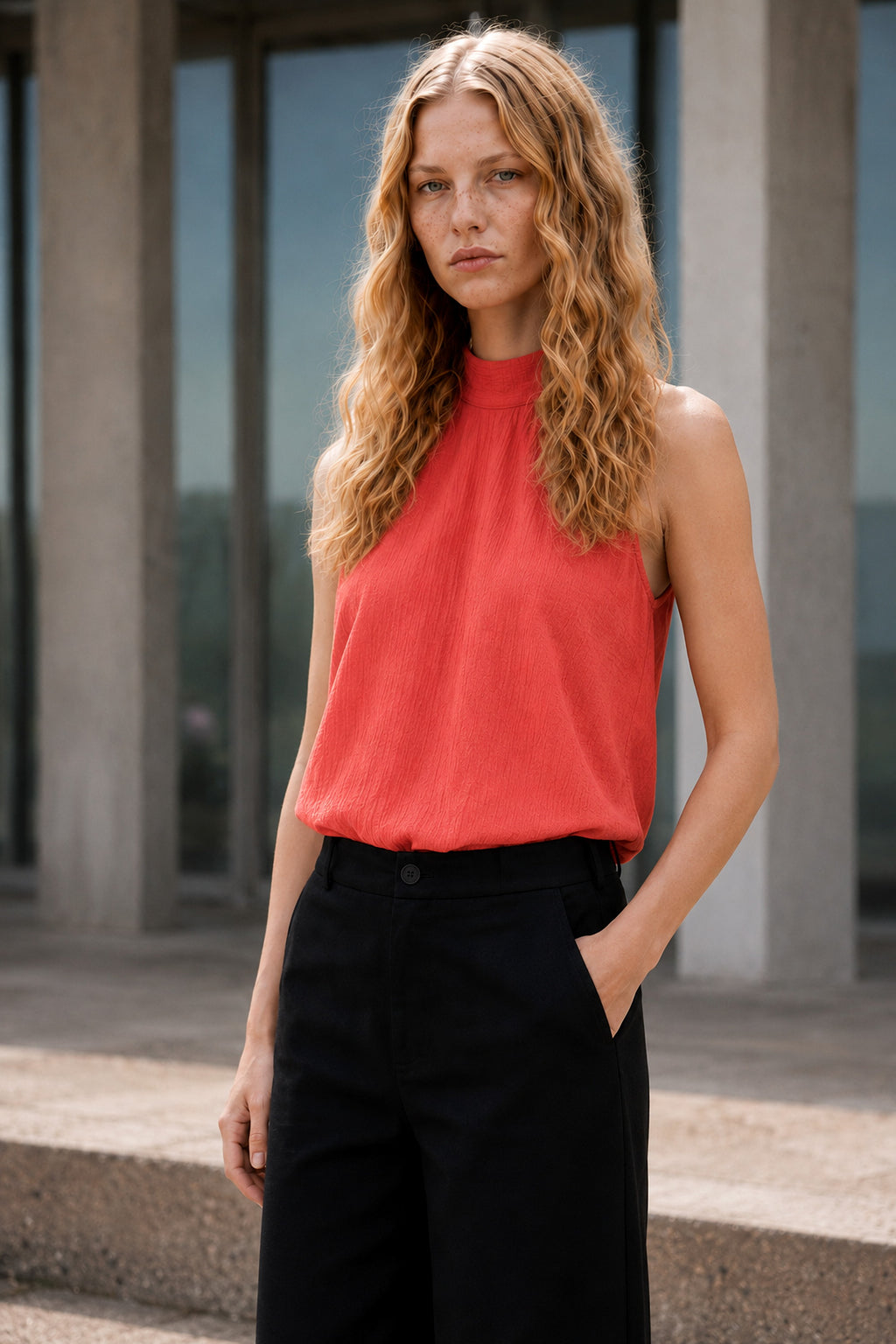 Blusa halter bambula seda coral