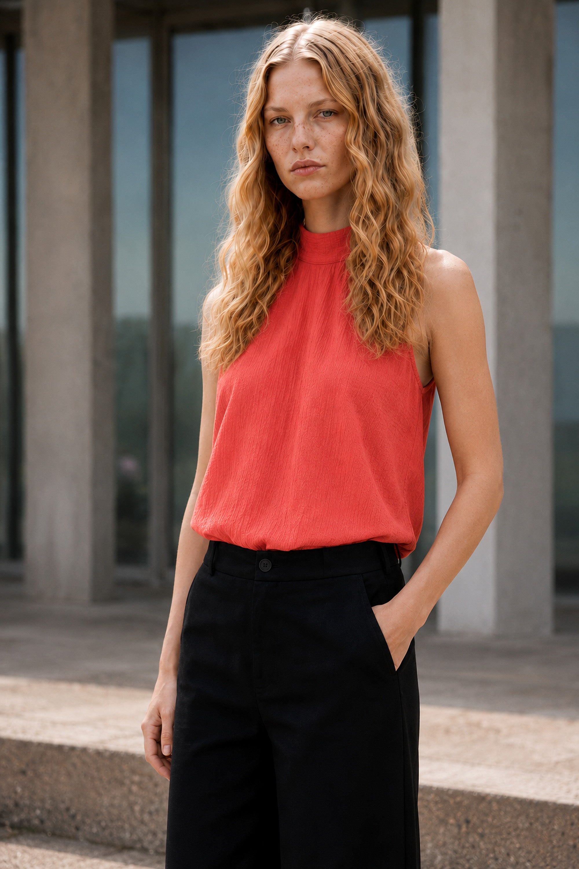 Blusa halter bambula seda coral